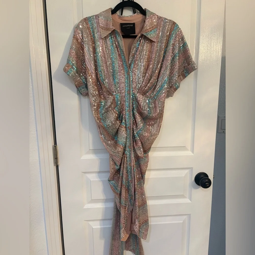LE SUPERBE MINI MIKO DRESS AQUA RAINBOW size 4 NWT $495๐ - Picture 9 of 14
